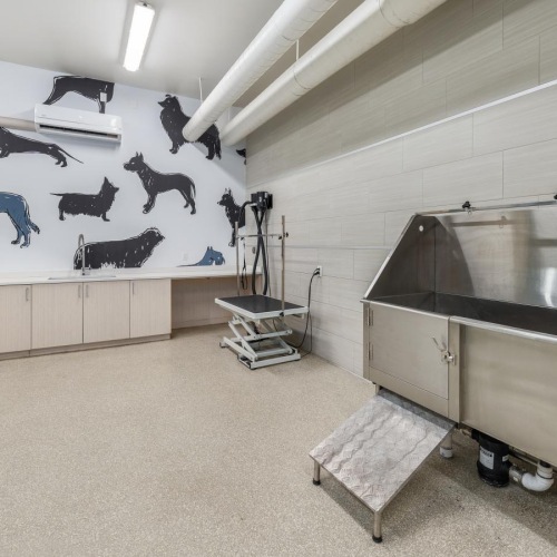 a room with a large wall of black and white animals
