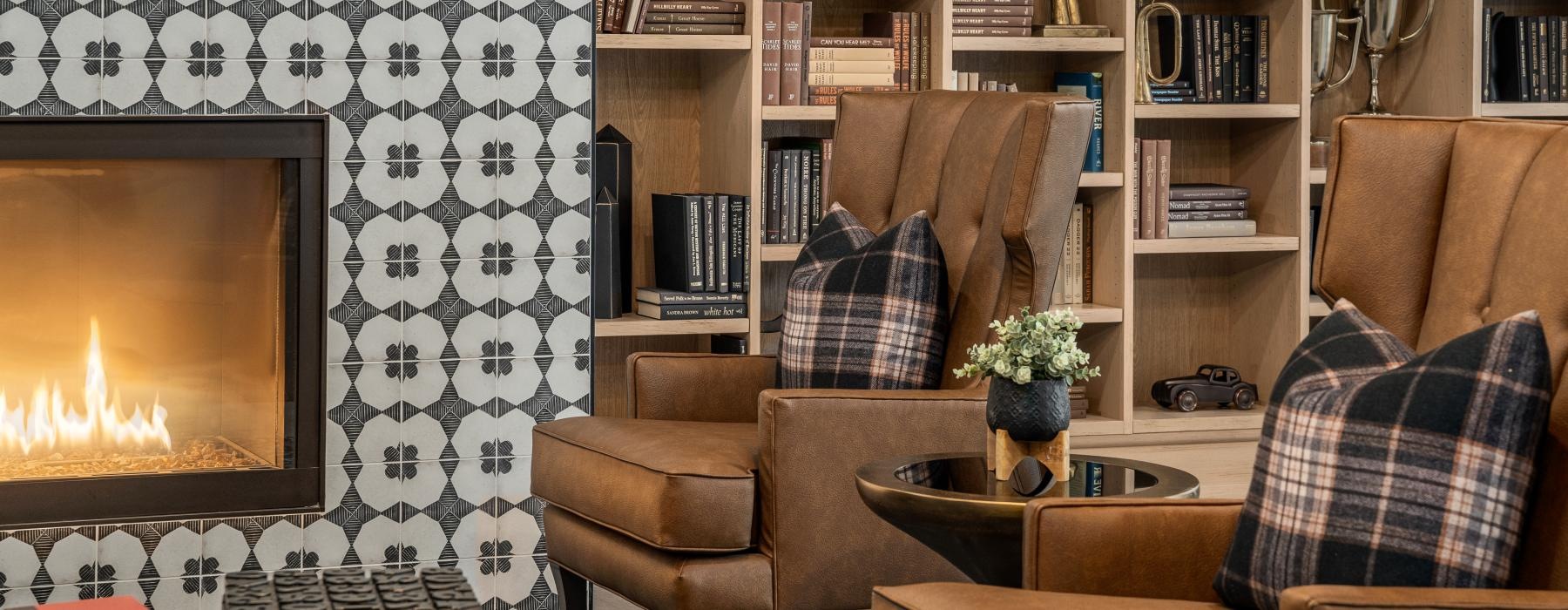 a living room with a bookcase