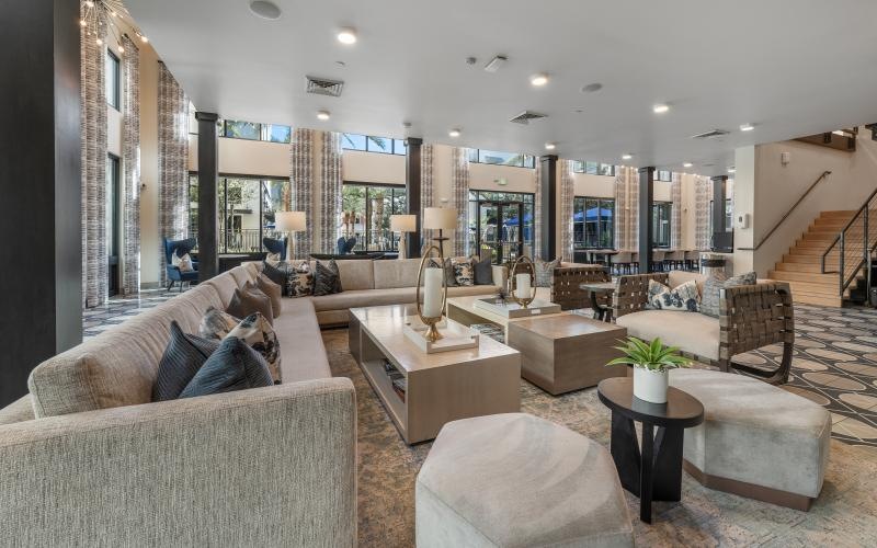 a living room with a large staircase