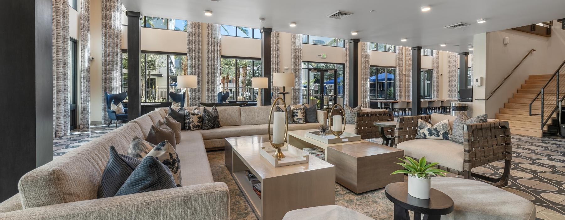 a living room with a large staircase